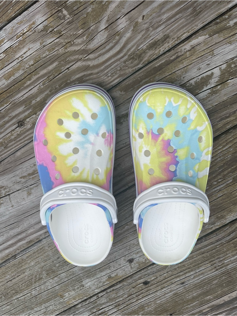 CROCS Tie-Dye Clog Mules in Yellow, Pink & Blue